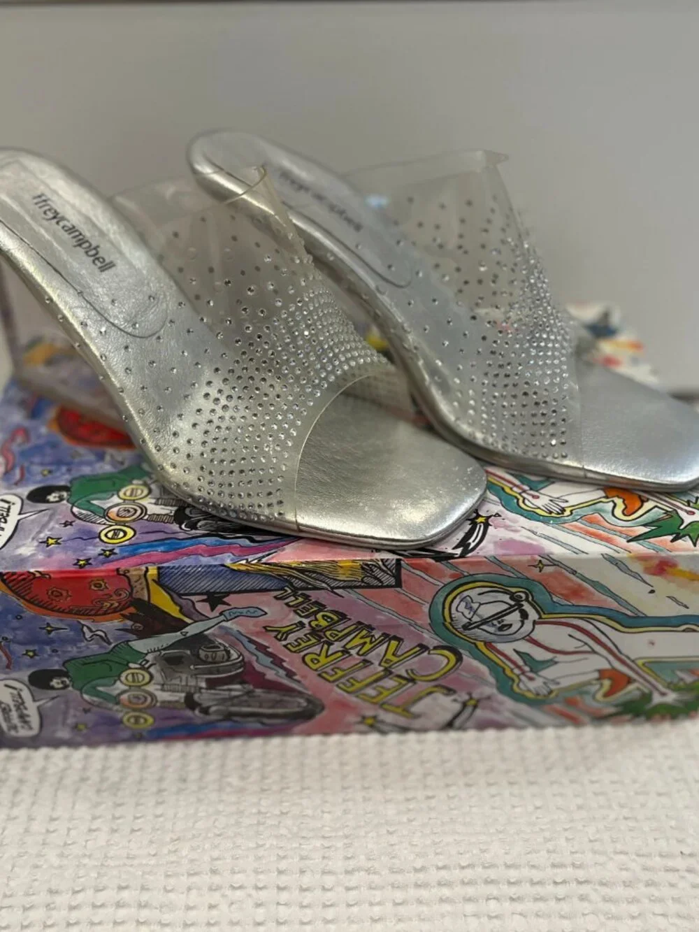 Jeffrey Campbell Lucite and PVC Crystal-Embellished Wedge Mules Size 8.5